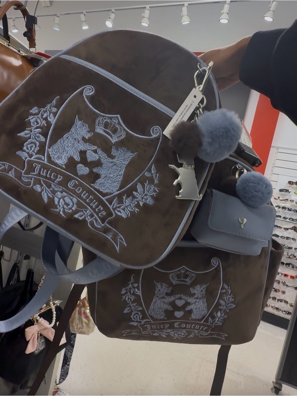 Juicy Couture Brown and Light Blue Velvet Logo Backpacks with Pom Charms